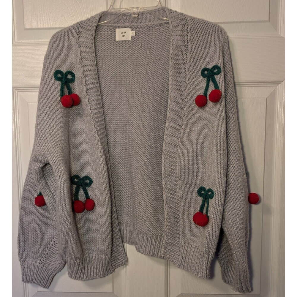 Luna Ivy 3D Cherry Cardigan Sweater Size Small, Open Front, Gray NWT
